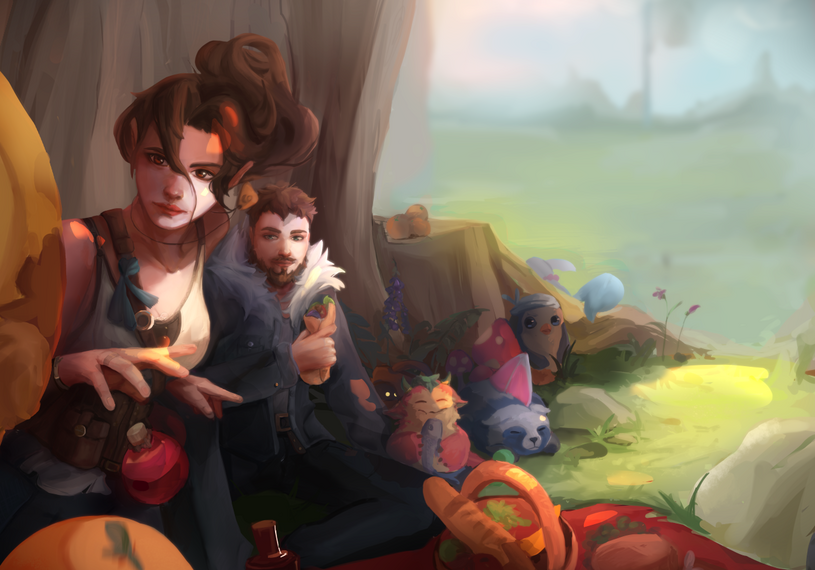 Full body, two plus characters with detailed background